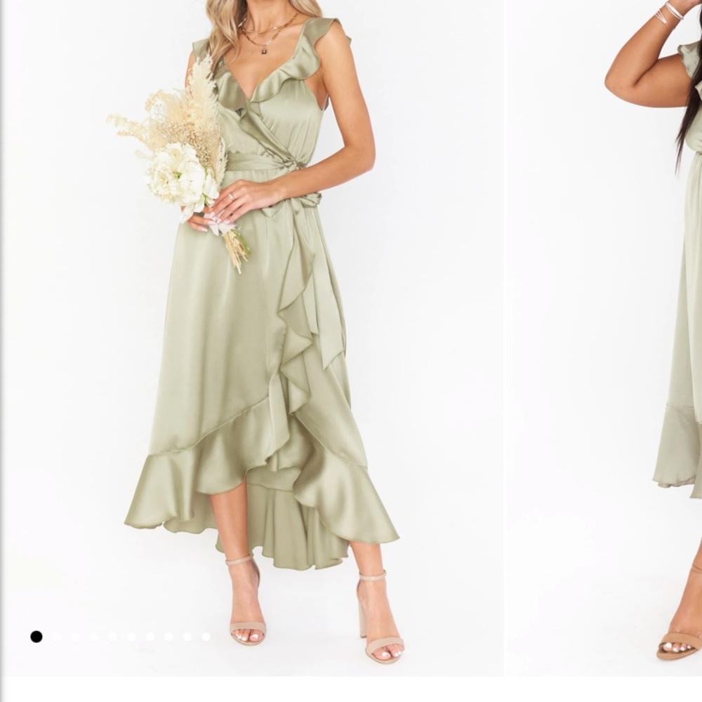 Samantha Ruffle Wrap Dress, moss green luxe satin, bridesmaid dress.
